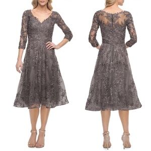 NEW La Femme 30268 Lace V Neck 3/4 Sleeve Midi Dress in Gunmetal Sz. 4